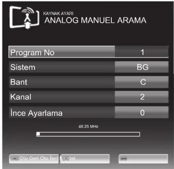 KAYNAK AYARI ANALOG MANUEL ARAMA Program No 1 Sistem BG Bant C Kanal 2 İnce Ayarlama 0 48.25 MHz Oto Geri Oto İleri Kaydet