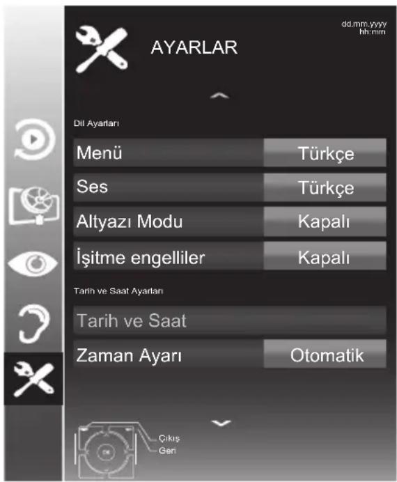 AYARLAR Dil Ayarları Menü Türkçe Ses Türkçe Altyazı Modu Kapalı İşitme engelliler Kapalı Tarih ve Saat Ayarları Tarih ve Saat Zaman Ayarı Otomatik