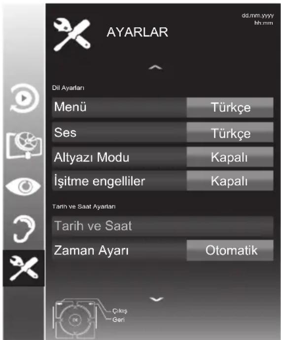 AYARLAR dd.mm,yyyy hh:mm Dil Ayarları Menü Türkçe Ses Türkçe Altyazı Modu Kapalı İşitme engelliler Kapalı Tarih ve Saat Ayarları Tarih ve Saat Zaman Ayarı Otomatik