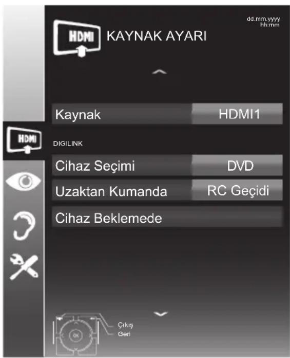 HDMI KAYNAK AYARI dd.mm,yyyy hh:mm Kaynak HDMI1 DIGILINK Cihaz Seçimi DVD Uzaktan Kumanda RC Geçidi Cihaz Beklemede Çıkış Geni