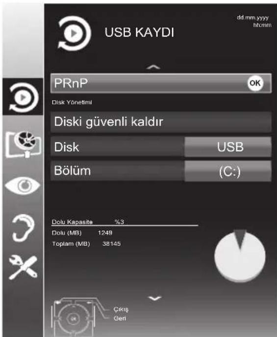 USB KAYDI dd mm yyyy hh:mm PRnP OK Disk Yönetimi Diski güvenli kaldır Disk USB Bölüm (C:) Dolu Kapasite %3 Dolu (MB) 1249 Toplam (MB) 38145 Çıkış Geri