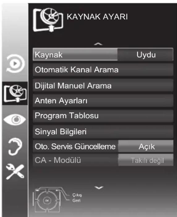 KAYNAK AYARI Kaynak Uydu Otomatik Kanal Arama Dijital Manuel Arama Anten Ayarları Program Tablosu Sinyal Bilgileri Oto. Servis Güncelleme Açık CA - Modülü Takılı değil Çıkış Geni