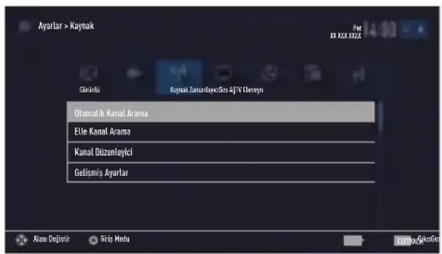 Ayartar > Kaynak Girinihi Kaynak Zamanlayas/Sec AjTV Elorayun Otomatik Kanal Arama Elte Kanal Arama Kanal Duzenleyici Gelismiş Ayartar Alam Doğistir Giriş Modu Per XX XXX XXXX EXITAR Gelismiş