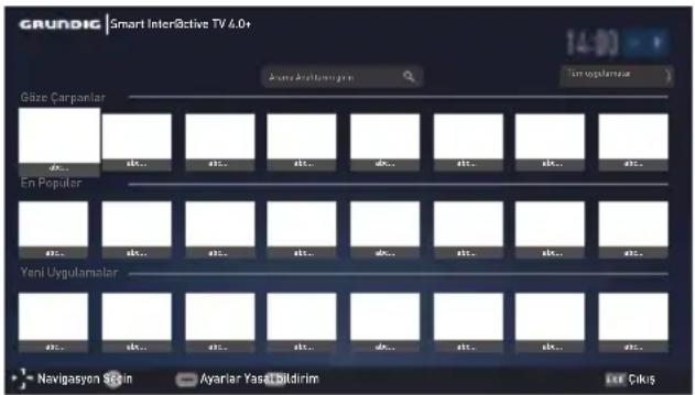 GRUNDIG | Smart InterActive TV 4.0+ 14:30 Gize Carpanlar En Popular Yeni Uygulamalar Navigasyon Sain Ayariar Yasal bildirim Cikis