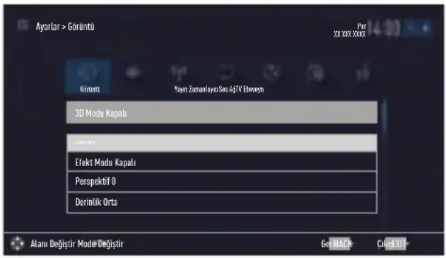 Ayarlar > Görtüntü Per XX XXX XXXX Giranti Yayın Zamanlıyaş/Sas AjTV Ebenşen 3D Modu Kapalu Perspektif Efekt Modu Kapalu Perspektif 0 Derinlik Orta Alanı Değistir Modu Değistir Get BACK Cute Exit