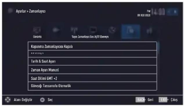 Ayarlar > Zamanlayıcı Per 80 X 80X 80X Gerentu Yapir Zamanlayıcı Sesi AgIV Ebençen Kapanma Zamanlayıcısi Kapolu LIF 500000 Tarih & Saat Ayarı Zaman Ayarı Manuel Saat Dilimi GMT +2 Güneşigi Tassarrufu Otomatik Alani Değistir Sec BACK- Geri EXIT- Cıksı