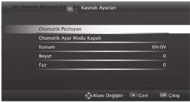 Ses Ayarlan Ebeveyn Kontrolü Kaynak Ayarları Otomatik Pozisyon Otomatik Ayar Modu Kapalı Konum 0H-0V Boyut 0 Faz 0 Alanı Değiştir Ceri Cıkış