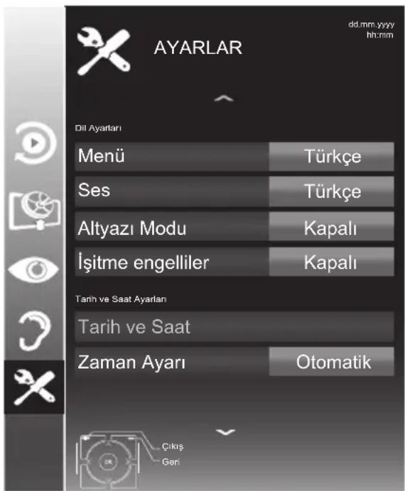 AYARLAR Dil Ayartari Menü Türkçe Ses Türkçe Altyazı Modu Kapalı İşitme engelliler Kapalı Tarih ve Saat Ayarlan Tarih ve Saat Zaman Ayarı Otomatik