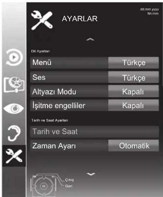 AYARLAR dd.mm yyyy hh:mm Dil Ayarlan Menü Türkçe Ses Türkçe Altyazı Modu Kapalı İşitme engelliler Kapalı Tarih ve Saat Ayarlan Tarih ve Saat Zaman Ayarı Otomatik Çikiş Gan