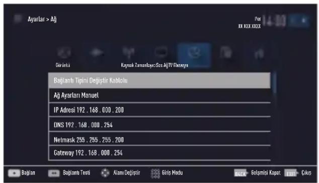 Ayarlar > Aj Gärinci Kaynak Temanlayac: Sas AjTV Blazegni Bağlantı Tipini Değişir Kabolu Aj Ayarları Manuel IP Adresi 192 . 168 . 000 . 200 DNS 192 . 168 . 000 . 254 Netmask 255 . 255 . 255 . 200 Gateway 192 . 168 . 000 . 254