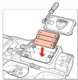 Diagram showing battery installation process with labeled components and a red arrow indicating direction