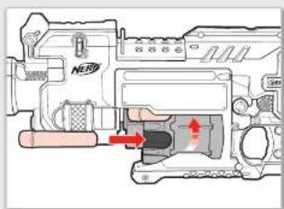 Technical diagram of a mechanical device with labeled parts and directional arrows indicating movement or force