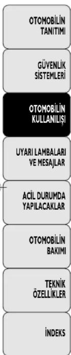 OTOMOBİLİN TANITIMI GÜVENLİK SISTEMLERİ OTOMOBİLİN KULLANILIŞI UYARI LAMBALARİ VE MESAJLAR ACİL DURUMDA YAPILACAKLAR OTOMOBİLİN BAKIMI TEKNİK ÖZELLİKLER İNDEKS