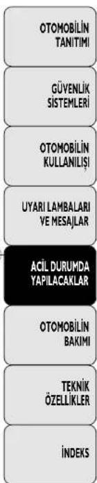 OTOMOBİLİN TANITIMI GÜVENLİK SİSTEMLERİ OTOMOBİLİN KULLANILIŞI UYARI LAMBALARİ VE MESAJLAR ACİL DURUMDA YAPILACAKLAR OTOMOBİLİN BAKIMI TEKNİK ÖZELLİKLER İNDEKS