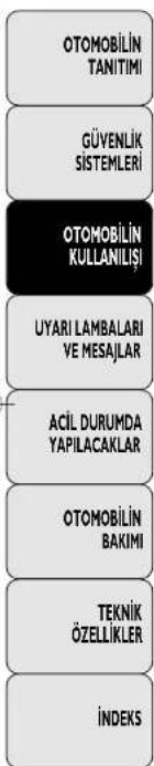OTOMOBİLİN TANITIMI GÜVENLİK SISTEMLERİ OTOMOBİLİN KULLANILIŞI UYARI LAMBALARİ VE MESAJLAR ACİL DURUMDA YAPILACAKLAR OTOMOBİLİN BAKIMI TEKNİK ÖZELLİKLER İNDEKS