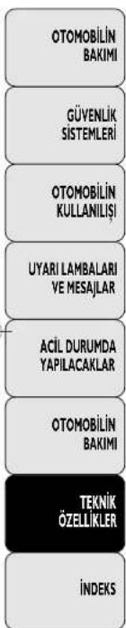 OTOMOBİLİN BAKİMI GÜVENLİK SISTEMLERİ OTOMOBİLİN KULLANILIŞI UYARI LAMBALARİ VE MESAJLAR ACİL DURUMDA YAPILACAKLAR OTOMOBİLİN BAKİMI TEKNİK ÖZELLİKLER İNDEKS