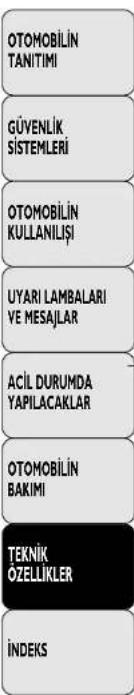 OTOMOBİLİN TANITIMI GÜVENLİK SİSTEMLERİ OTOMOBİLİN KULLANILIŞI UYARI LAMBALARİ VE MESAJLAR ACİL DURUMDA YAPILACAKLAR OTOMOBİLİN BAKİMI TEKNİK ÖZELLIKLER İNDEKS