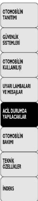 OTOMOBİLİN TANITIMI GÜVENLIK SISTEMLERİ OTOMOBİLİN KULLANILIŞI UYARI LAMBALARI VE MESAJLAR ACİL DURUMDA YAPILACAKLAR OTOMOBİLİN BAKİMI TEKNİK ÖZELLİKLER İNDEKS
