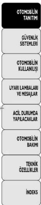 OTOMOBİLİN TANITIMI GÜVENLİK SISTEMLERİ OTOMOBİLİN KULLANILIŞI UYARI LAMBALARİ VE MESAJLAR ACİL DURUMDA YAPILACAKLAR OTOMOBİLİN BAKİMI TEKNİK ÖZELLİKLER İNİDEKS