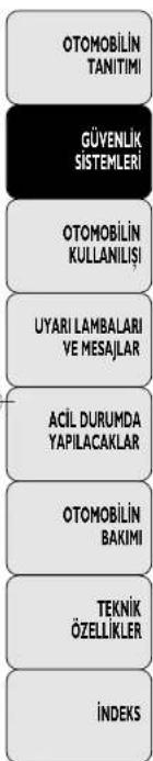 OTOMOBİLİN TANITIMI GÜVENLİK SİSTEMLERİ OTOMOBİLİN KULLANILIŞI UYARI LAMBALARİ VE MESAJLAR ACİL DURUMDA YAPILACAKLAR OTOMOBİLİN BAKİMI TEKNİK ÖZELLİKLER İNDEKS