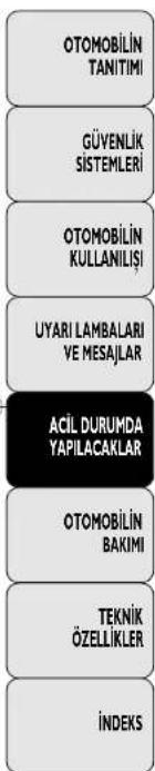 OTOMOBİLİN TANITIMI GÜVENLİK SİSTEMLERİ OTOMOBİLİN KULLANILIŞI UYARI LAMBALARİ VE MESAJLAR ACİL DURUMDA YAPILACAKLAR OTOMOBİLİN BAKIMI TEKNİK ÖZELLİKLER İNDEKS