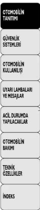 OTOMOBİLİN TANITIMI GÜVENLIK SISTEMLERİ OTOMOBİLİN KULLANILIŞI UYARI LAMBALARİ VE MESAJLAR ACİL DURUMDA YAPILACAKLAR OTOMOBİLİN BAKIMI TEKNİK ÖZELLİKLER İNDEKS