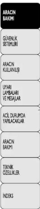 ARACIN BAKIMI GÜVENLIK SİTEMLERİ ARACIN KULLANLIŞI UYARI LAMBALARİ VE MESAJLAR ACİL DURUMDA YAPILACAKLAR ARACIN BAKIMI TEKNİK ÖZELLİKLER INDEKS