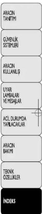 ARACIN TANITIMI GÜYENLİK SİSTEMLERİ ARACIN KULLANILİŞ UYARI LAMBALARİ VE MESAJLAR ACİL DURUMDA YAPILACAKLAR ARACIN BAKİMI TEKNİK ÖZELLİKLER İNİDEKS