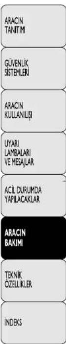 ARACIN TANITIMI GÜVENLİK SİTEMLERİ ARACIN KULLANLIŞİ UYARI LAMBALARİ VE MESAJLAR ACİL DURUMDA YAPILACAKLAR ARACIN BAKİMI TEKNİK ÖZELLİKLER İNDEKS