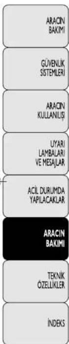 ARACIN BAKIMI GÜVENLIK SISTEMLERİ ARACIN KULLANILIŞ UYARI LAMBALARİ VE MESAJLAR ACİL DURUMDA YAPILACAKLAR ARACIN BAKIMI TEKNİK ÖZELLIKLER İNDEKS