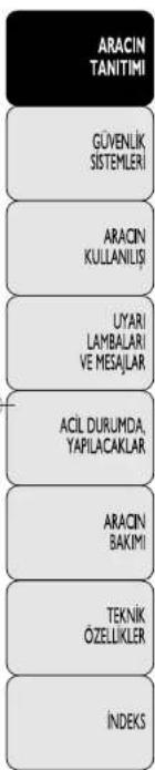 ARACIN TANITIMI GÜVENLİK, SISTEMLERİ ARACIN KULLANLIŞİ UYARI LAMBALARİ VE MESAJLAR ACİL DURUMDA, YAPILACAKLAR ARACIN BAKİMI TEKNİK ÖZELLIKLER İNDEKS