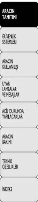 ARACIN TANITIMI GÜVENLIK SİSTEMLERİ ARACIN KULLANLIŞİ UYARI LAMBALARİ VE MESAJLAR ACİL DURUMDA YAPILACAKLAR ARACIN BAKİMI TEKNİK ÖZELLIKLER İNDEKS
