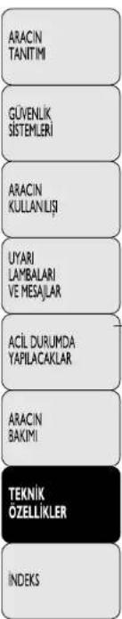 ARACIN TANTIMI GÜVENLIK SİTEMLERİ ARACIN KULLANLIŞI UYARI LAMBALARİ VE MESAJLAR ACİL DURUMDA YAPILACAKLAR ARACIN BAKİMI TEKNİK ÖZELLİKLER INDEKS