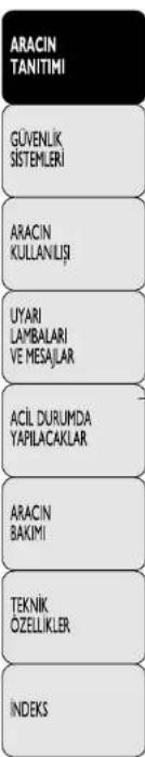 ARACIN TANITIMI GÜVENLIK SISTEMLERİ ARACIN KULLANLIŞİ UYARI LAMBALARİ VE MESAJLAR ACİL DURUMDA YAPILACAKLAR ARACIN BAKİMI TEKNİK ÖZELLİKLER INDEKS