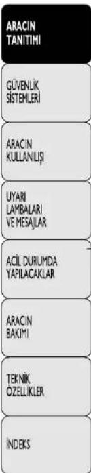 ARACIN TANITIMI GUVENLIK SİSTEMLERİ ARACIN KULLANLIŞİ UYARI LAMBALARİ VE MESAJLAR ACİL DURUMDA YAPILACAKLAR ARACIN BAKİMI TEKNİK ÖZELLIKLER İNDEKS