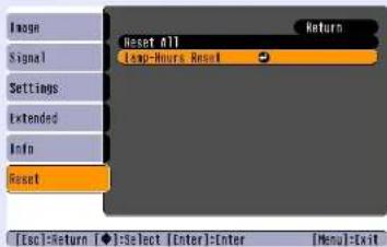 EPSON EMP-S3 - Yapılandırma menüsünden "Reset" (Sifırla) seçeneğini seçin ve ardından "Lamp-Hours reset" (Lamba Saatini Sifirla) seçeneğini seçin. - 3