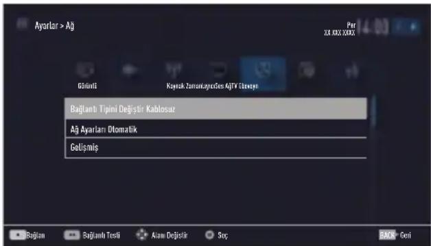 Ayarlar > Aj GöntiE Kayarak Zemancı,yerses AjTV Üsteşey Baglantı Tipini Değişir Kablosuz Aj Ayarları Otomatik Gelişmiş Per X8.02X.XXXX Baglari Bajlanti Testi Aram Değişir Soç BACK- Gori