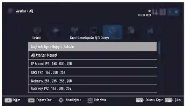 Ayarlar > Aj Gärinci Kaynak Temanlayac:35s AjTV Blazegni Bağlantı Tipini Değişir Kabolu Aj Ayarları Manuel IP Adresi 192 . 168 . 000 . 200 DNS 192 . 168 . 000 . 254 Netmask 255 . 255 . 255 . 200 Gateway 192 . 168 . 000 . 254