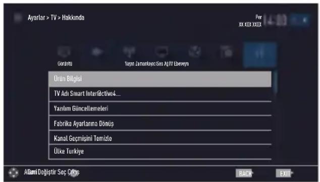 Ayartar > TV > Hakkindo For XX XXX XXXX Gerinci Yapir Zarnarlasic Sina AGTV Barrowa Orün Bilgisi TV Adi Smart InterActive4... Yazılım Giincellemeleri Fabrika Ayartarına Dönüş Kanal Geçmişini Tomizlo Ülke Türkiye A0001 Doğistir Seç Ofkış BACK EXIT