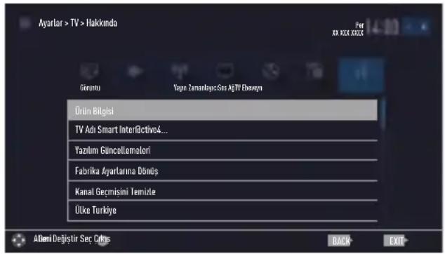 Ayarlar > TV > Hakkında Girantu Yogre Zumartayo: Sos AgTV Ebnaya Örün Bilgisi TV Adi Smart Interactive4... Yazılım Güncellemeleri Fabrika Ayarlarına Dönüs Kanal Geçmisini Temizle Ülke Türkiye ADemi Değistir Seç Çıfıks BACK EXIT