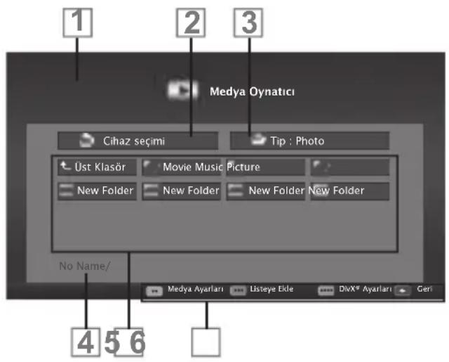 1 2 3 Medya Oynatici Cihaz seçimi Tip : Photo Üst Klasör Movie Music Picture New Folder New Folder New Folder New Folder No Name/ 4 5 6 Medya Ayarları Listeye Ekle DivX* Ayarları Geri