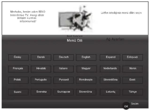 Merhaba, benim adım BEKO InterPictive TV. Hangi dilde İletişim kurmalık İstysunuz? Lütfen istedğiniz menü dilini seçin Basil Kürülimi Menü Dili Ağ Ayarları Česky Dansk Deutsch English Espanci Elişvıká Français Hrvalski Italiano Magyar Nederlands Norsk Polski Português Русский Româneşte Slovensčina E…