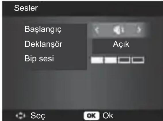 Sesler Başlangıç Deklanşör Bip sesi Açık Seç OK Ok