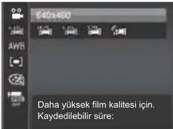 Daha yüksek film kalitesi için. Kaydedilebilir süre:
