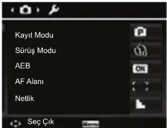 Kayıt Modu Sürüş Modu AEB AF Alanı Netlik Seç Çık