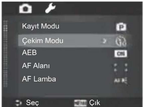 Kayıt Modu Çekim Modu AEB AF Alanı AF Lamba Seç Çık
