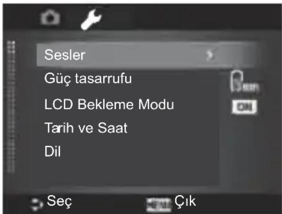 Sesler Güç tasarrufu LCD Bekleme Modu Tarih ve Saat Dil Seç Çık