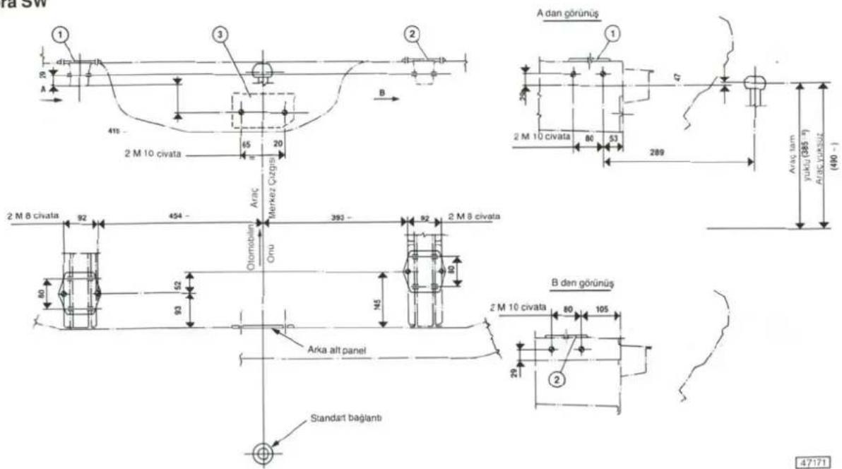 A dan görünüş 2 M 10 civata 65 20 Araç Merkez Çüzgis 2 M 8 civata 92 454 Oru 392 92 2 M 8 civata M0 52 93 N5 Arka alt panel Standart bağlantı B den görünüş 2 M 10 civata 80 105 21 Araç ram yutu (385 °) Araç yutusat (490 °) 47171