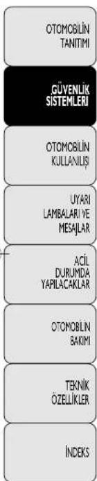 OTOMOBILIN TANITIMI GÜVENLIK SISTEMLERI OTOMOBILIN KULLANIŞI UYARI LAMBALARİ VE MESAJLAR ACİL DURUMDA YAPILACAKLAR OTOMOBILIN BAKIMI TEKNİK ÖZELLİKLER İNDEKS