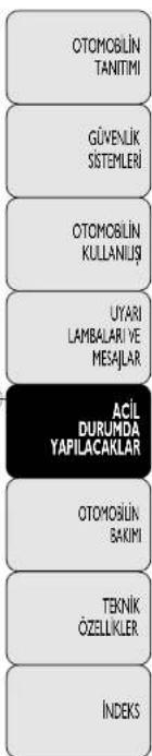 OTOMOBILIN TANITIMI GÜYENLIK SISTEMLERİ OTOMOBILIN KULLANIŞİ UYARI LAMBALARİ VE MESAJLAR ACİL DURUMDA YAPILACAKLAR OTOMOBIUN BAKIMI TEKNİK ÖZELLİKLER İNDEKS